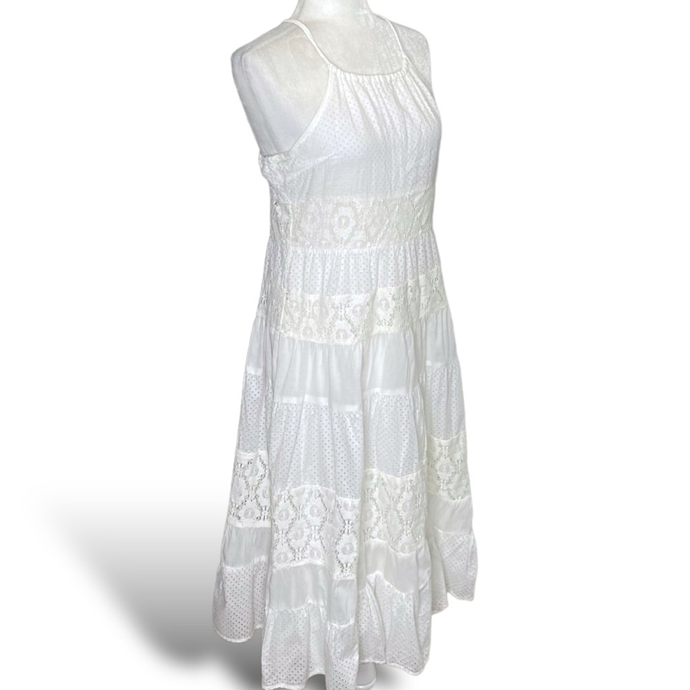 FREE PEOPLE Cotton Eyelet Lace White Halter Midi Dress Boho Cottage